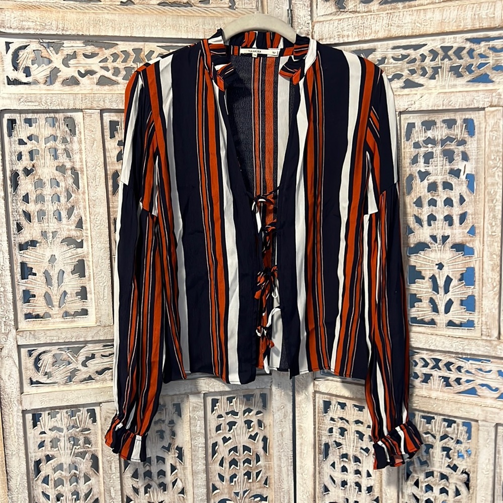 Tularosa tie front long sleeve blouse - Size XS-navy, burnt orange, white stripe